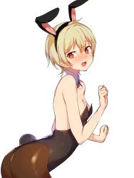 Rule 34 | 1girl, :d, absurdres, ahoge, animal ears, arched back, ass, bare arms, bare shoulders, black hairband, black leotard, blonde hair, blush, breasts, brown pantyhose, cleavage, collarbone, cowboy shot, detached collar, fake animal ears, from side, hair between eyes, hairband, hand up, head tilt, highres, ichihara chiaki, konbu wakame, leotard, looking at viewer, looking to the side, nose blush, open mouth, pantyhose, playboy bunny, rabbit ears, rabbit tail, red eyes, sekai de ichiban oppai ga suki!, short hair, sidelocks, simple background, small breasts, smile, solo, standing, tail, white background
