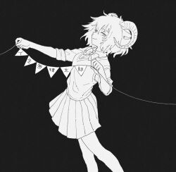 Rule 34 | 1girl, animal ears, bow, bowtie, bunting, closed mouth, collared shirt, commentary request, curled horns, feet out of frame, greyscale, half-closed eyes, hands up, holding, horns, looking at viewer, monochrome, original, pleated skirt, school uniform, sheep ears, sheep girl, shirt, skirt, sleeves rolled up, smile, solo, sweater vest, terayamaden