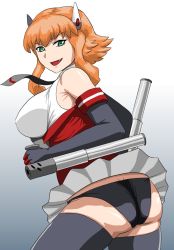 Rule 34 | 1girl, arc system works, artist request, ass, bare shoulders, black panties, breasts, chaos code, clothes lift, elbow gloves, fang, fk digital, from behind, gloves, green eyes, hair ornament, large breasts, looking at viewer, miniskirt, mishima rui, necktie, open mouth, orange hair, panties, short hair, sideboob, skirt, skirt lift, smile, thighhighs, tonfa, underwear, upskirt, weapon