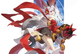 Rule 34 | 1girl, animal ear fluff, animal ears, bare shoulders, brown skirt, closed mouth, feet out of frame, fox, fox ears, fox girl, fox tail, grey hair, hagoromo, hair ornament, highres, holding, holding weapon, looking at viewer, looking back, off-shoulder shirt, off shoulder, original, pink eyes, red cucumber, red shirt, shawl, shirt, short hair, skirt, solo, standing, tail, weapon