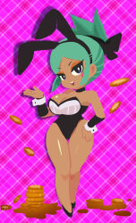 Rule 34 | 1girl, cerebella (skullgirls), chibi, choker, coin, dark-skinned female, dark skin, detached sleeves, full body, gingham, green hair, half-closed eyes, hand on own hip, highres, imeni-art, leotard, looking at viewer, open mouth, playboy bunny, ponytail, purple background, rabbit ears, skullgirls, solo, standing, thick thighs, thigh gap, thighs, wrist cuffs
