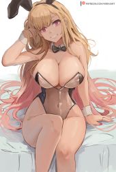 Rule 34 | 1girl, animal ears, bare shoulders, blonde hair, blush, breasts, cleavage, collarbone, covered navel, detached collar, fake animal ears, grin, highleg, highleg leotard, kitagawa marin, large breasts, leotard, long hair, looking at viewer, meme attire, mirai hikari, nontraditional playboy bunny, playboy bunny, rabbit ears, red eyes, see-through, see-through leotard, sitting, smile, solo, sono bisque doll wa koi wo suru, thighs, translucent bunnysuit, wrist cuffs