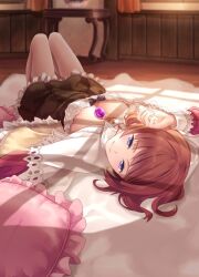 1girl artist_request atelier_(series) atelier_rorona blue_eyes blush breasts brooch brown_hair commentary_request dress indoors jewelry light_smile lying official_art on_back rorolina_frixell short_hair small_breasts solo window_shadow