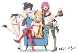 Rule 34 | 3girls, ;d, absurdres, alcohol, alternate costume, bikini, black bikini, black footwear, black hair, blonde hair, bocchi the rock!, breasts, chen yang yang, cleavage cutout, clothing cutout, couch, crossed legs, cup, full body, green eyes, green thighhighs, head wings, highres, hiroi kikuri, holding, holding cup, ijichi seika, low wings, medium breasts, multiple girls, on couch, one eye closed, open mouth, pa-san, qr code, red eyes, red hair, red thighhighs, simple background, sitting, small breasts, smile, standing, standing on one leg, swimsuit, thighhighs, white background, white footwear, wings