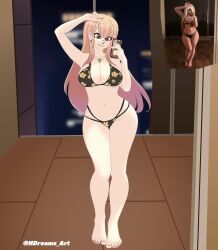 absurdres barefoot bikini blonde_hair breasts cellphone feet floral_print hdreams_art highres jewelry kitagawa_marin large_breasts long_hair looking_at_mirror mirror multicolored_hair navel necklace panties phone rintohsakka self-upload selfie smile sono_bisque_doll_wa_koi_wo_suru swimsuit underwear v v_over_head