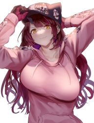 Rule 34 | 1girl, aonaga heri, arm behind head, arms up, baseball cap, black hat, blush, breasts, brown gloves, brown hair, closed mouth, ear piercing, female focus, gloves, hand on headwear, hat, highres, hololive, hood, hoodie, horns, large breasts, long sleeves, looking at viewer, multicolored hair, piercing, pink hair, pink hoodie, roboco-san, roboco-san (hoodie), simple background, single horn, smile, solo, streaked hair, unaligned breasts, upper body, virtual youtuber, white background, yellow eyes