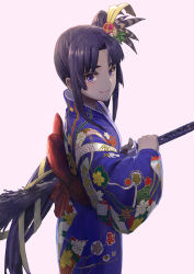 Rule 34 | 1girl, blue kimono, broom, closed mouth, concealed weapon, cowboy shot, fate/grand order, fate (series), from side, gachapinmuck2, hair ornament, highres, holding, holding sword, holding weapon, japanese clothes, katana, kimono, long hair, long sleeves, looking at viewer, looking to the side, obi, parted bangs, pink background, purple eyes, purple hair, sash, sheath, side ponytail, sidelocks, simple background, smile, solo, sword, thick eyebrows, unsheathing, ushiwakamaru (fate), ushiwakamaru (formal dress) (fate), very long hair, weapon