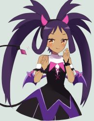 Rule 34 | 1girl, :q, armlet, bare shoulders, black dress, blush, brown eyes, closed mouth, commentary request, creatures (company), dark-skinned female, dark skin, dress, eyelashes, game freak, grey background, hair rings, halloween costume, hands up, highres, iris (fall 2022) (pokemon), iris (pokemon), long hair, nintendo, official alternate costume, ohn pkmn, pokemon, pokemon masters ex, pokemon wings, purple hair, smile, solo, tail, tongue, tongue out, twintails, wrist cuffs