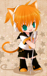 Rule 34 | 1boy, animal ears, cat boy, cat ears, cat tail, chibi, fang, green eyes, headphones, holding, kagamine len, male focus, microphone, microphone stand, necktie, orange hair, setahikaru, short hair, signature, solo, standing, star (symbol), starry background, tail, vocaloid