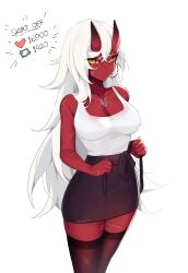 Rule 34 | 1girl, akumi (yoclesh), artist name, breasts, colored skin, demon girl, highres, horns, jewelry, large breasts, like and retweet, long hair, looking at viewer, meme, necklace, oni, oni horns, red skin, scar, scar on arm, scar on chest, scar on face, scar on leg, simple background, skirt, solo, thighhighs, twitter strip game (meme), very long hair, virtual youtuber, vyugen, watermark, white background, white hair, yoclesh, zettai ryouiki