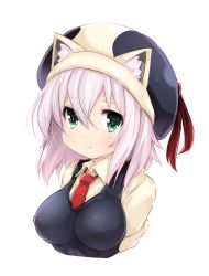 Rule 34 | 1girl, animal ear fluff, animal ears, black hat, black sweater vest, breasts, cat ears, character request, green eyes, hat, highres, necktie, original, pink hair, red necktie, shirt, short hair, simple background, solo, sweater vest, tamase tama, upper body, virtual youtuber, white background, white shirt