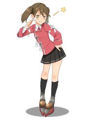 Rule 34 | 1girl, annin musou, bad id, bad twitter id, black socks, black skirt, brown eyes, brown hair, commentary request, contrapposto, hand on own hip, highres, japanese clothes, kantai collection, kariginu, kneehighs, looking at viewer, magatama, platform footwear, pleated skirt, red shirt, ryuujou (kancolle), shikigami, shirt, simple background, skirt, socks, solo, standing, star (symbol), twintails, white background