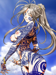 Rule 34 | 1girl, \m/, aa megami-sama, belldandy, blue eyes, bracelet, breasts, brown hair, curvy, day, facial mark, female pubic hair, forehead mark, full-body tattoo, highres, jewelry, joy division, large breasts, lips, long hair, nipples, nude, one eye closed, ponytail, pubic hair, sky, smile, solo, tattoo, wink