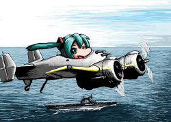 Rule 34 | 1girl, aircraft, aircraft carrier, airplane, grumman xf5f, hatsune miku, military, military vehicle, one eye closed, rxjx, ship, solo, united states navy, vehicle focus, vocaloid, warship, water, watercraft, wink
