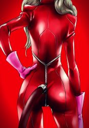 Rule 34 | 1girl, ass, bodysuit, from behind, full-length zipper, gloves, hand on own hip, head out of frame, highres, latex, long hair, ozkh, persona, persona 5, pink gloves, red background, red bodysuit, simple background, solo, takamaki anne, twintails, zipper