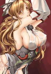 Rule 34 | 10s, 1girl, akatsuki akane, anchor, arms up, bare shoulders, between breasts, blush, breasts, brown eyes, brown hair, chain, cleavage, corset, detached sleeves, covered erect nipples, female focus, garter straps, hair in own mouth, hat, hat feather, heavy breathing, kantai collection, large breasts, littorio (kancolle), long hair, necktie, necktie between breasts, panties, pink panties, ponytail, side-tie panties, sideboob, solo, twitter username, underwear