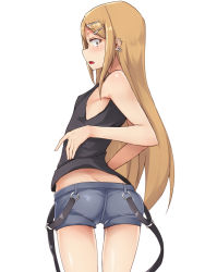 Rule 34 | 10s, 1girl, ass, bare shoulders, belt, blonde hair, blush, brll, brown eyes, commentary request, dagashi kashi, denim, denim shorts, earrings, endou saya, fang, from behind, hair ornament, hairclip, jewelry, long hair, looking back, open mouth, sanpaku, short shorts, shorts, solo, tank top