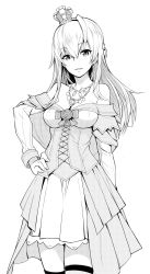Rule 34 | 10s, 1girl, absurdres, bare shoulders, braid, breasts, cleavage, crown, dress, french braid, greyscale, hairband, hand on own hip, highres, jewelry, kantai collection, kurihara kenshirou, long hair, looking at viewer, medium breasts, mini crown, monochrome, necklace, off-shoulder dress, off shoulder, open mouth, ribbon, smile, solo, standing, thighhighs, warspite (kancolle)