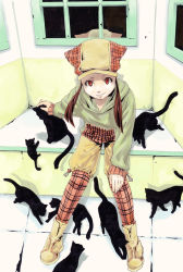 Rule 34 | boots, brown hair, cat, child, flat chest, from above, hat, headpat, highres, hood, hoodie, long hair, looking at viewer, plaid, red eyes, sitting, slit pupils, smile, tail, yanamosuda