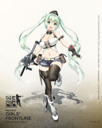Rule 34 | 1girl, :d, aqua eyes, aqua hair, arm strap, belt, between breasts, black gloves, black thighhighs, blush, boots, breasts, buckle, character name, denim, denim shorts, detached collar, eyebrows, fang, fingerless gloves, full body, girls&#039; frontline, gloves, gradient hair, gun, hair between eyes, hat, highres, holding, holding gun, holding weapon, holster, knee boots, large breasts, leaning forward, leg up, long hair, long sleeves, looking at viewer, machine pistol, micro uzi, micro uzi (girls&#039; frontline), micro uzi (mod3) (girls&#039; frontline), midriff, mod3 (girls&#039; frontline), multicolored hair, navel, official art, open mouth, short shorts, shorts, sidelocks, sky-freedom, smile, snap-fit buckle, solo, standing, standing on one leg, stomach, submachine gun, suppressor, thigh strap, thighhighs, trigger discipline, twintails, uzi, weapon, white footwear, white hair