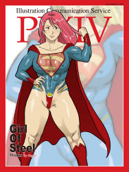 Rule 34 | 1girl, abs, boots, cape, cover, covered erect nipples, dc comics, earrings, flexing, highres, impossible clothes, jewelry, leotard, magazine cover, muscular, muscular female, nappii (nappy happy), pink hair, red eyes, skin tight, smile, supergirl, thick thighs, thighs, thong leotard, zoom layer