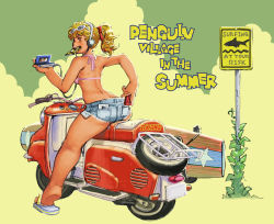 Rule 34 | 1girl, ass, bikini, bikini top only, blonde hair, blue eyes, cassette player, cassette tape, character name, cloud, cutoffs, denim, denim shorts, dr. slump, english text, eyewear on head, facing away, flip-flops, from behind, full body, headphones, high ponytail, kimidori akane, looking at viewer, motor vehicle, mouth hold, on vehicle, outdoors, pink bikini, plant, ponytail, ramb chop, road sign, sandals, scooter, short hair, shorts, sign, sky, solo, sunglasses on head, surfboard, swimsuit, walkman