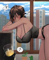 Rule 34 | 1girl, 1other, ?, black camisole, black panties, breasts, brown hair, camisole, cleavage, cup, drink, highres, holding, holding cup, huge breasts, indoors, leaning forward, leaning on object, limbus company, looking at viewer, outis (project moon), panties, pov, pov hands, project moon, rhlatm, sagging breasts, short hair, spoken question mark, sweat, underwear