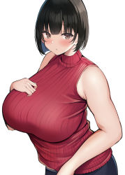 Rule 34 | 1girl, absurdres, bad id, bad pixiv id, bare arms, bare shoulders, black eyes, black hair, blush, breasts, hand on own chest, highres, large breasts, looking at viewer, neneneji, original, parted lips, red shirt, shirt, short hair, simple background, sleeveless, solo, white background