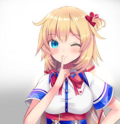 Rule 34 | 1girl, ;), akai haato, akai haato (1st costume), blonde hair, blue eyes, blush, breasts, closed mouth, collared shirt, commentary request, dress shirt, finger to mouth, gradient background, grey background, hair between eyes, hair ornament, hair ribbon, hand up, heart, heart hair ornament, highres, hololive, konpotsu, long hair, medium breasts, neck ribbon, one eye closed, one side up, red ribbon, ribbon, shirt, short sleeves, shushing, smile, solo, striped ribbon, very long hair, virtual youtuber, white background, white shirt