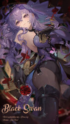 Rule 34 | 1girl, absurdres, bare shoulders, black gloves, black swan (honkai: star rail), breasts, cup, dress, drinking glass, elbow gloves, gloves, hair between eyes, highres, honkai: star rail, honkai (series), long hair, looking at viewer, lying, medium breasts, purple dress, purple eyes, purple gloves, purple hair, sleeveless, sleeveless dress, smile, solo, sssong aa, thighs, veil, very long hair, wine glass
