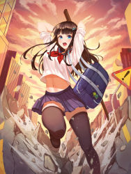Rule 34 | 1girl, absurdres, arms behind head, bag, blue eyes, blue sailor collar, blue skirt, blunt bangs, bokken, bow, bowtie, brown footwear, brown hair, brown thighhighs, building, cameltoe, charm (object), city, cloud, cloudy sky, commentary request, debris, eyelashes, feet out of frame, gluteal fold, hair ornament, hairclip, highres, holding, honoe, kendo, leg up, loafers, long hair, looking at viewer, midriff, navel, open mouth, original, outdoors, panties, pantyshot, pleated skirt, red bow, red bowtie, rubble, ruins, sailor collar, school bag, school uniform, serafuku, shards, shirt, shoes, short sleeves, shoulder bag, skindentation, skirt, sky, sleeves rolled up, solo, standing, standing on one leg, stomach, sunset, sword, teeth, thighhighs, tongue, underwear, upskirt, weapon, white panties, white shirt, wooden sword