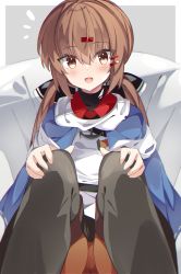 Rule 34 | 1girl, absurdres, anchor necklace, black bow, black footwear, blush, boots, bow, brown eyes, brown hair, brown thighhighs, cameltoe, fathom, hair bow, hair ornament, hairclip, hands on own knees, happy, highres, jacket, jewelry, kantai collection, long hair, looking at viewer, low twintails, miniskirt, necklace, open mouth, pantyhose, red shirt, ribbon trim, scarf, shirt, simple background, sitting, skirt, tashkent (kancolle), thigh boots, thighhighs, twintails, white scarf