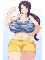 Rule 34 | 10s, 1girl, abs, black hair, blush, breasts, curvy, female focus, flexing, gradient background, green eyes, gym uniform, hand on own hip, huge breasts, idolmaster, idolmaster cinderella girls, long hair, looking at viewer, midriff, muscular, muscular female, navel, one eye closed, pants, ponytail, shorts, smile, solo, thick thighs, thighs, tight clothes, tight pants, uccow, wide hips, yamato aki