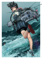 Rule 34 | 4girls, aircraft, alternate weapon, bike shorts, black shorts, black skirt, blue eyes, cannon, fairy (kancolle), helicopter, helmet, highres, kantai collection, mini person, minigirl, miniskirt, multiple girls, ocean, outdoors, pink hair, pleated skirt, rigging, shiranui (kancolle), short ponytail, shorts, shorts under skirt, size difference, skirt, standing, standing on liquid, standing on one leg, timmyyen, turret, weapon