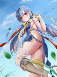 Rule 34 | 1girl, absurdres, ahoge, ass, blue hair, breasts, day, epic seven, female focus, from below, hand up, highres, kneehighs, long hair, looking at viewer, looking back, low twintails, outdoors, parted bangs, ravi (epic seven), red eyes, saberdesu, small breasts, socks, solo, thighs, twintails
