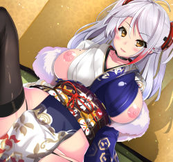 Rule 34 | 1girl, :d, antenna hair, arm support, azur lane, black choker, black thighhighs, blush, breasts, brown eyes, cameltoe, choker, collarbone, commentary request, cross, floral print, fur-trimmed kimono, fur trim, hair between eyes, hair ornament, hakama, hakama skirt, highres, indoors, iron cross, japanese clothes, kimono, knees up, large breasts, leaning back, light purple hair, long hair, looking at viewer, mole, mole on breast, multicolored hair, nipples, obi, official alternate costume, open mouth, paid reward available, pelvic curtain, prinz eugen (azur lane), prinz eugen (profusion of flowers) (azur lane), sash, senra banshou, shiny skin, silver hair, sitting, skirt, smile, solo, spread legs, streaked hair, swept bangs, thighhighs, two side up, yukata