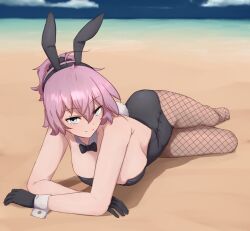 Rule 34 | 1girl, alternate costume, aoba (kancolle), beach, black bow, black bowtie, black gloves, black leotard, black scrunchie, blue sky, bow, bowtie, breasts, cloud, day, fishnet pantyhose, fishnets, gloves, green eyes, hair ornament, hair scrunchie, highres, horizon, ikadamo, kantai collection, large breasts, leotard, lying, on side, outdoors, pantyhose, pink hair, ponytail, scrunchie, short hair, sky, smile, solo, strapless, strapless leotard