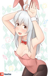 Rule 34 | 1girl, :d, ahoge, animal ears, argyle, argyle background, argyle clothes, armpits, arms up, artist name, bare arms, bare shoulders, black pantyhose, blush, bow, bowtie, breasts, brown hair, collarbone, commentary, detached collar, fake animal ears, hair between eyes, hairband, highres, leotard, long hair, looking at viewer, male-female symbol, nipple slip, nipples, onii-chan wa oshimai!, open mouth, oyama mahiro, pantyhose, pink hairband, pink leotard, playboy bunny, rabbit ears, rabbit pose, rabbit tail, red bow, red bowtie, rudy saki, simple background, small breasts, smile, solo, sweatdrop, tail, white hair, wrist cuffs