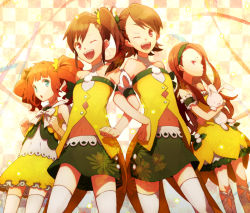 4girls bare_shoulders blue_eyes brown_eyes brown_hair costume futami_ami futami_mami hairband hand_on_own_hip idolmaster idolmaster_(classic) locked_arms long_hair minase_iori multiple_girls nakahara_(mu_tation) one_eye_closed siblings side_ponytail sisters smile standing stuffed_animal stuffed_rabbit stuffed_toy takatsuki_yayoi thighhighs thighs twins twintails