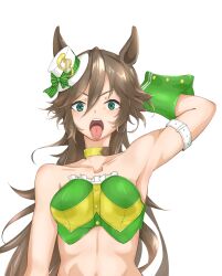 Rule 34 | 1girl, absurdres, ahoge, animal ears, arm behind head, arm belt, arm up, armpits, bare shoulders, breasts, brown hair, choker, collarbone, commentary request, eight (rrsw4433), green eyes, green shirt, hair between eyes, hair ornament, hairclip, hat, highres, horse ears, horse girl, long hair, looking at viewer, medium breasts, midriff, mini hat, mini top hat, mr. c.b. (umamusume), navel, no jacket, open mouth, partial commentary, shirt, sidelocks, simple background, solo, standing, strapless, strapless shirt, teeth, tongue, tongue out, top hat, umamusume, upper body, upper teeth only, white background, wrist cuffs, yellow choker