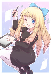 Rule 34 | 1girl, ;d, absurdres, arm up, bad id, bad pixiv id, black dress, black footwear, blonde hair, blue bow, blue eyes, border, bow, drawing tablet, dress, drill hair, gradient background, hair bow, highres, hikaru (ofuton at5), holding, holding stylus, long hair, looking at viewer, one eye closed, open mouth, outline, outside border, pantyhose, ringlets, smile, solo, sparkle, squatting, stylus, very long hair, white border, white outline, white pantyhose, zakoeshi-chan, zakoeshi-chan nikki