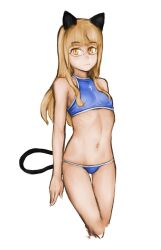 Rule 34 | 1girl, animal ears, bikini, blonde hair, blue bikini, breasts, cat ears, cat tail, closed mouth, glasses, long hair, looking at viewer, navel, perrine h. clostermann, shiri chin, simple background, small breasts, solo, strike witches, swimsuit, tail, white background, world witches series, yellow eyes