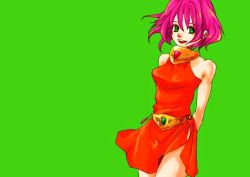Rule 34 | 1990s (style), 1girl, arms behind back, breasts, dress, female focus, final fantasy, final fantasy v, flaba-trip, green eyes, lenna charlotte tycoon, pink hair, retro artstyle, short hair, simple background, solo