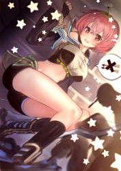 Rule 34 | 1girl, arm up, arrow (projectile), black footwear, black gloves, black shorts, boots, breasts, character request, commentary request, fingerless gloves, flower, flower on head, gloves, hair between eyes, highres, holding, holding arrow, layered sleeves, long sleeves, looking at viewer, medium breasts, okishiji en, open mouth, pink hair, puffy long sleeves, puffy sleeves, ragnarok online, red eyes, short over long sleeves, short shorts, short sleeves, shorts, socks, solo, star (symbol), white flower