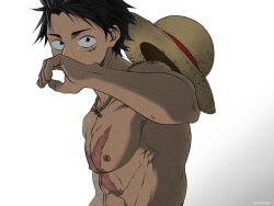 Rule 34 | 1boy, abs, black hair, brown eyes, facial scar, hat, hat on back, hat on back, highres, looking at viewer, male focus, monkey d. luffy, nipples, one piece, pectorals, pinattsu, scar, scar on cheek, scar on chest, scar on face, short hair, solo, straw hat, toned, toned male, topless male, upper body, white background