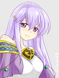 Rule 34 | 1girl, bare shoulders, cape, circlet, dress, fire emblem, fire emblem: genealogy of the holy war, julia (fire emblem), long hair, looking at viewer, nintendo, purple cape, purple eyes, purple hair, simple background, smile, solo, yukia (firstaid0)