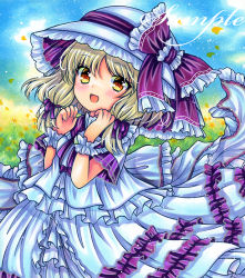 Rule 34 | 1girl, :d, adapted costume, back bow, blonde hair, blush, bow, cowboy shot, day, embellished costume, field, flower, flower field, frilled bow, frilled cuffs, frilled shirt, frilled skirt, frills, hair ribbon, hands up, hat, hat bow, hat ribbon, long hair, looking at viewer, louise (touhou), marker (medium), open mouth, orange eyes, outdoors, purple bow, purple ribbon, ribbon, rui (sugar3), sample watermark, shirt, short sleeves, skirt, smile, solo, standing, touhou, touhou (pc-98), traditional media, tress ribbon, watermark, white shirt, white skirt, white wrist cuffs, wrist cuffs, yellow eyes, yellow flower