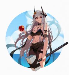 Rule 34 | 1girl, absurdres, apple, arknights, bikini, black bikini, black choker, blue sky, breasts, choker, circle, cleavage, cloud, commentary, cowboy shot, day, food, fruit, hammer, highres, holding, holding food, holding fruit, holding hammer, holding weapon, horns, infection monitor (arknights), jewelry, large breasts, long hair, mudrock (arknights), mudrock (silent night) (arknights), navel, necklace, official alternate costume, outdoors, parted lips, pointy ears, red eyes, shawl, silver hair, sky, solo, standing, stomach, swimsuit, warabi (rhtkfl03), weapon
