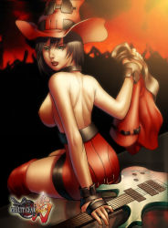 Rule 34 | 1girl, arc system works, back, black hair, breasts, collar, dark, gloves, green eyes, guilty gear, guitar, hat, i-no, instrument, jacket, large breasts, leather, lips, lipstick, makeup, red hat, reflection, short hair, sitting, solo, thighs, topless