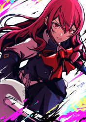 Rule 34 | 1girl, absurdres, black gloves, black skirt, black vest, bow, bowtie, copyright name, floating hair, gloves, grey shirt, hair between eyes, highres, holding, holding sword, holding weapon, kirijou mitsuru, long hair, looking at viewer, maruta3333, parted lips, persona, persona 3, persona 3 reload, rapier, red bow, red bowtie, red eyes, red hair, shirt, skirt, smile, solo, straight hair, sword, vest, weapon